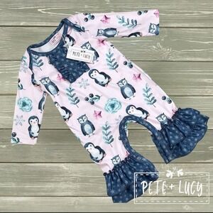 0-3 Mos. Pete And Lucy  Penquin And Friends Romper  NWT